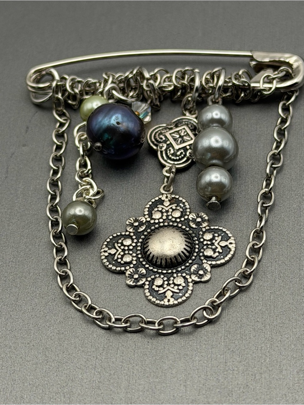Silver Tone Medallion Brooch Pin with Faux Gray Peacock Blue Pearls